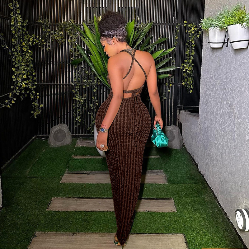 Spring Womens Dress Sleeveless Backless Solid Color Popcorn Texture Casual Chic for Parties Wholesale Available