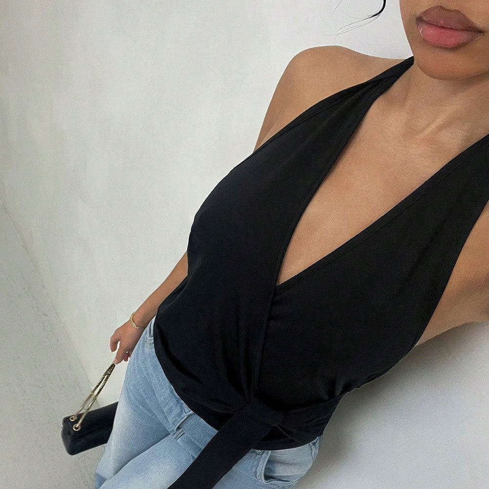 French Style Womens Summer Top Unique Halter Neck Deep V Backless Design Casual Wear for Fashion Forward Outfits