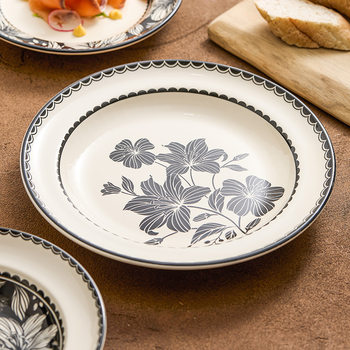 Ceramic Middle Ancient Flower Plate Household Dish Dish High Color Value Hotel Restaurant Creative Western Food Plate Disc Shallow Plate