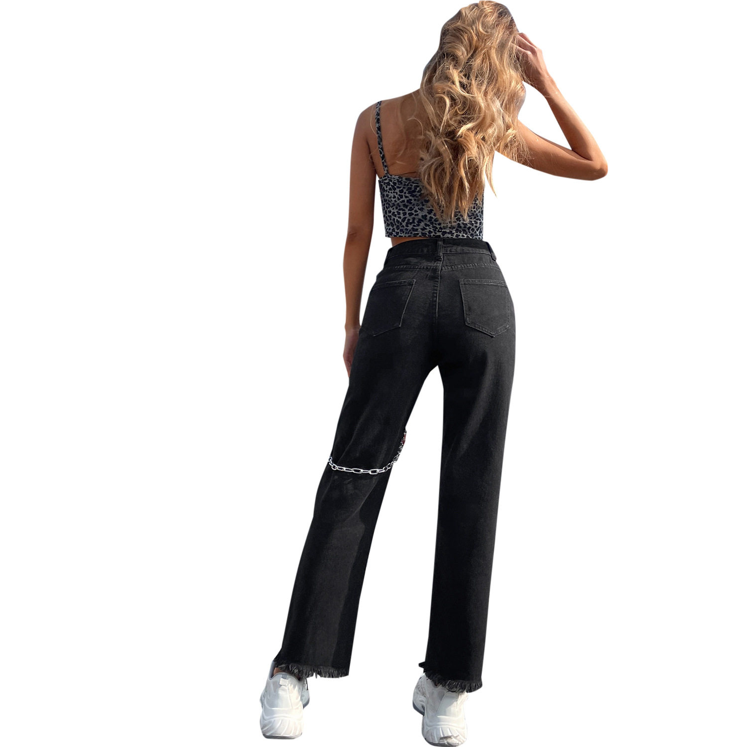 Womens Casual Ripped Denim Pants Trendy Chain Detail Stylish Fit Comfortable Fabric Perfect for Everyday Wear