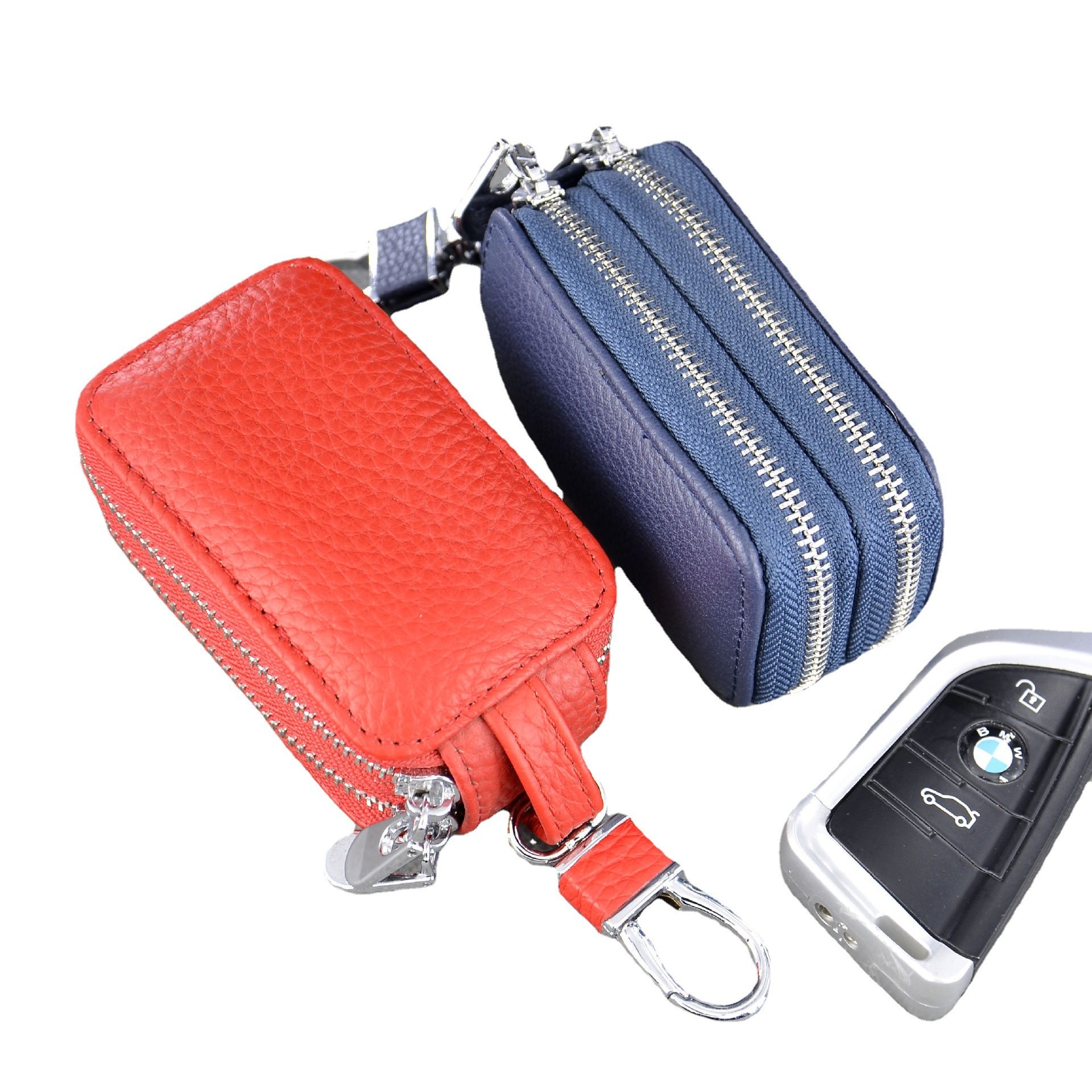 Fashionable Double Zipper Key Bag First Layer Cowhide Car Key Bag Genuine Leather Multi-Purpose Double Layer Key Bag Factory Wholesale