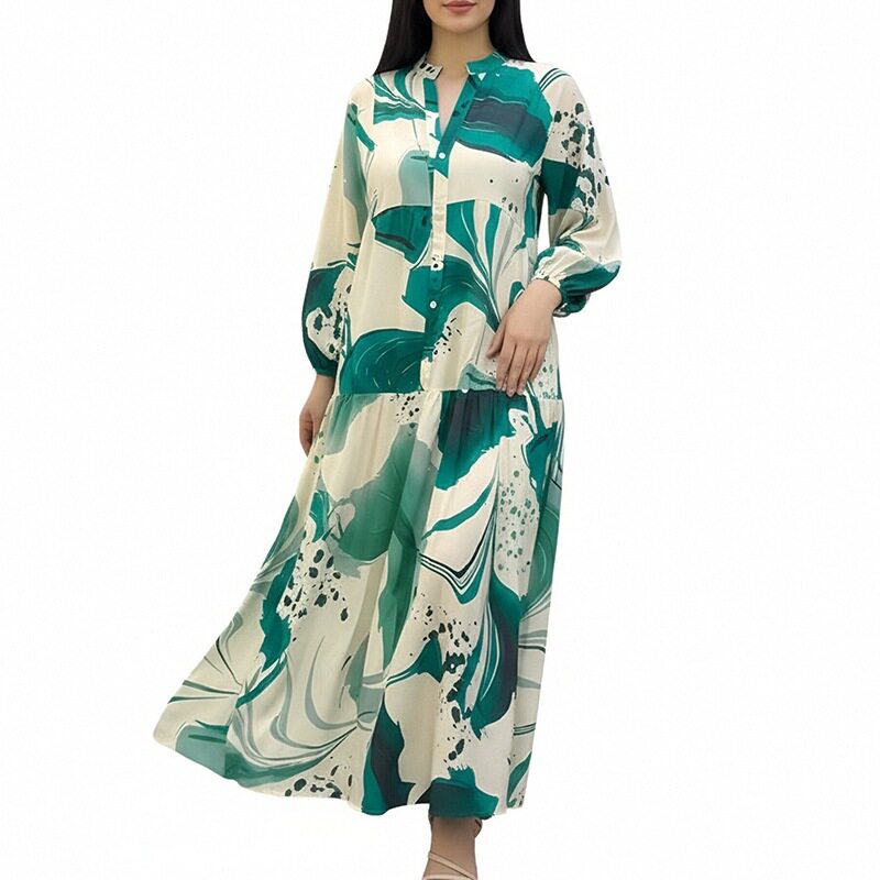 Womens Spring Dress Elegant Color Block Print Single Breasted Design Perfect for Casual or Formal Occasions