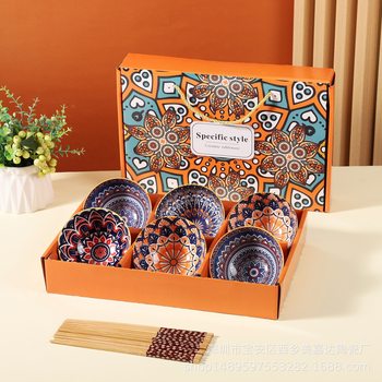 Cross-border printing ceramic bowl and chopsticks tableware set gift underglaze color gift box bowl and chopsticks set with hand gift wholesale