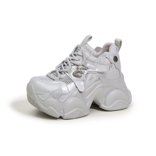 Giày sneaker nữ chunky đế dày lưới thoáng khí, gót siêu cao 8 cm — Xám, Trắng