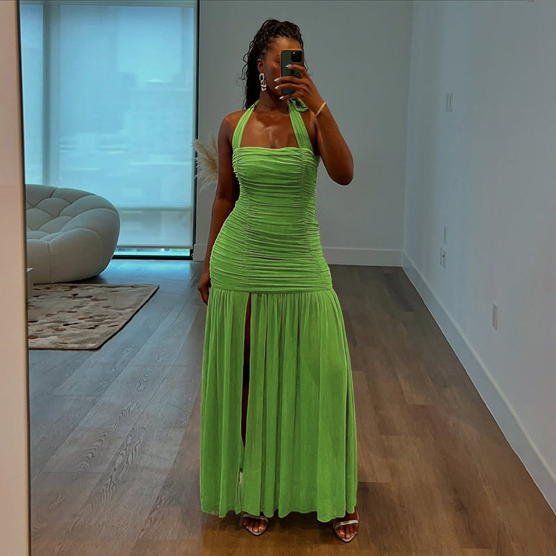 Womens Fashion Backless Ruched Layered Dress Stylish Halter Neck Slim Fit Elegant Design Perfect for Autumn Events