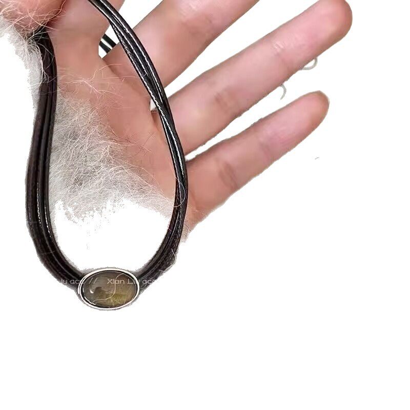 Leather Tiger Eye Stone Necklace for Women, Retro Elegant Sweater Chain, Accessible Luxury Niche Stacking Chinese Style Clavicle Chain Sweatshirt Accessories