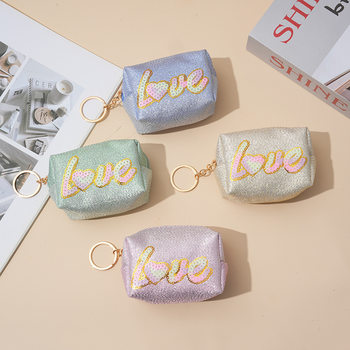 New Arrival Gloss Pink Sequins Embroidered Love Coin Purse Mini Lipstick Headphone Bag Waterproof with Keychain Small Bag