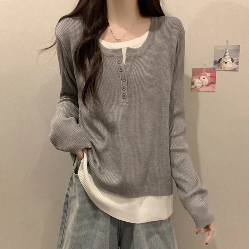 Gray Knit Two Piece Style Top for Women Loose Fit Long Sleeve Casual Layering Shirt Fall Winter Collection Wholesale