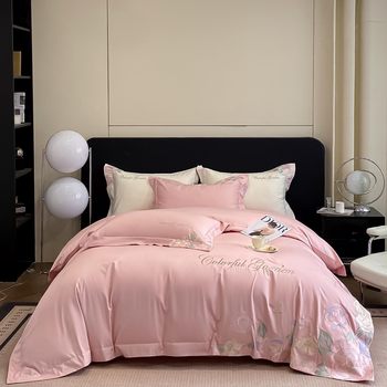 Light Luxury Style, High-End Feel, Skin-Friendly Cotton Four-Piece Set with Embroidered Floral Duvet Cover, Bed Sheet, Fitted Sheet, Bedding Set 1.8m