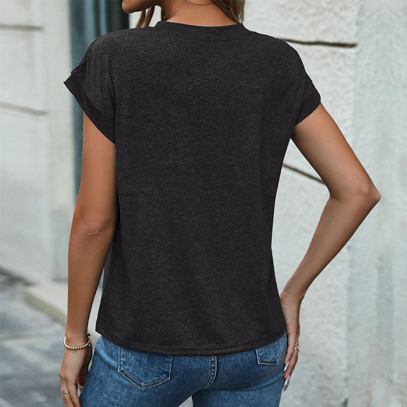 Casual Short Sleeve T Shirt for Women Round Neck Button Front Solid Color Versatile Everyday Wear Wholesale