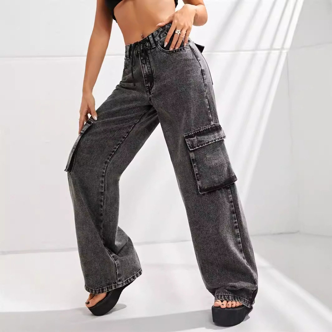 High Waisted Loose Fit Denim Cargo Pants Plus Size Big Pockets Comfortable Fabric Casual Wear for Women Wholesale