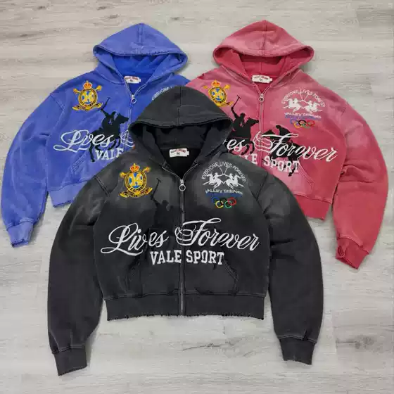 Y2K American Retro Distressed Harajuku Street Dark Hip-Hop High Street Cartoon Print Zip-Up Hoodie Loose Fit