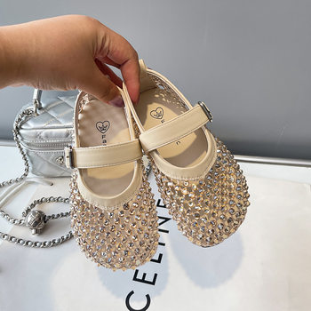 0316 Children's Sandals Sweet Rhinestone Shallow Mouth Small Leather Shoes 2025 Summer New Girls Hollow Fashion Princess Shoes