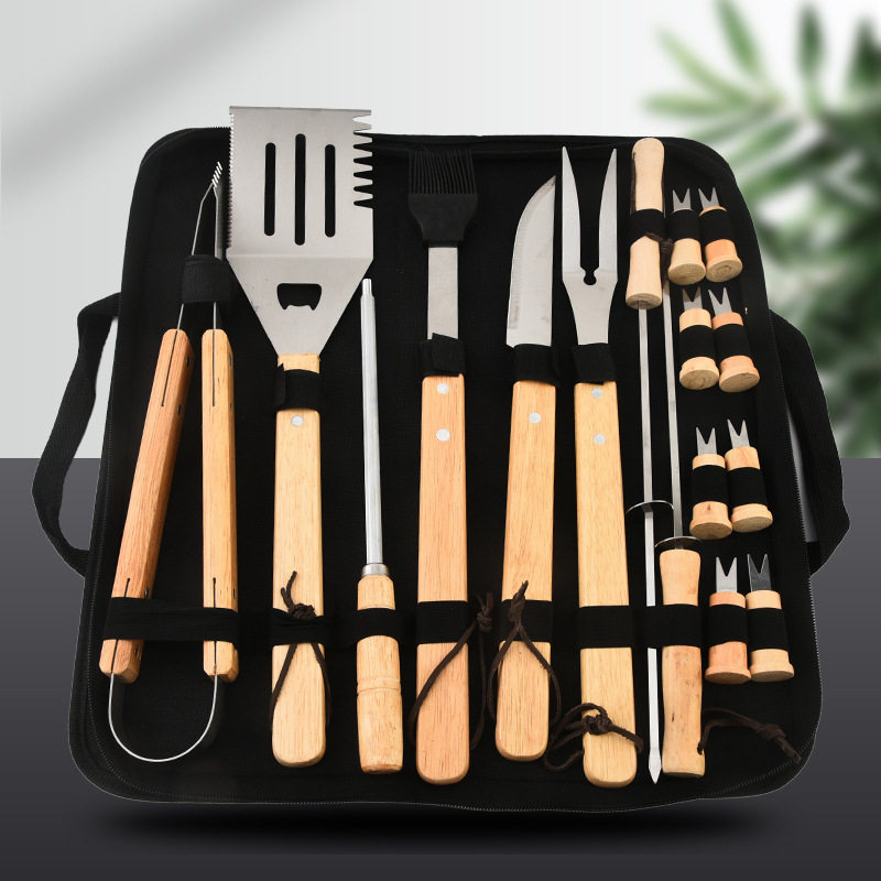 Wooden Handle Stainless Steel Grill Set 16-Piece Outdoor Camping Grill Set with Cloth Bag Shovel Fork Clip Bbq Barbecue Tool Set