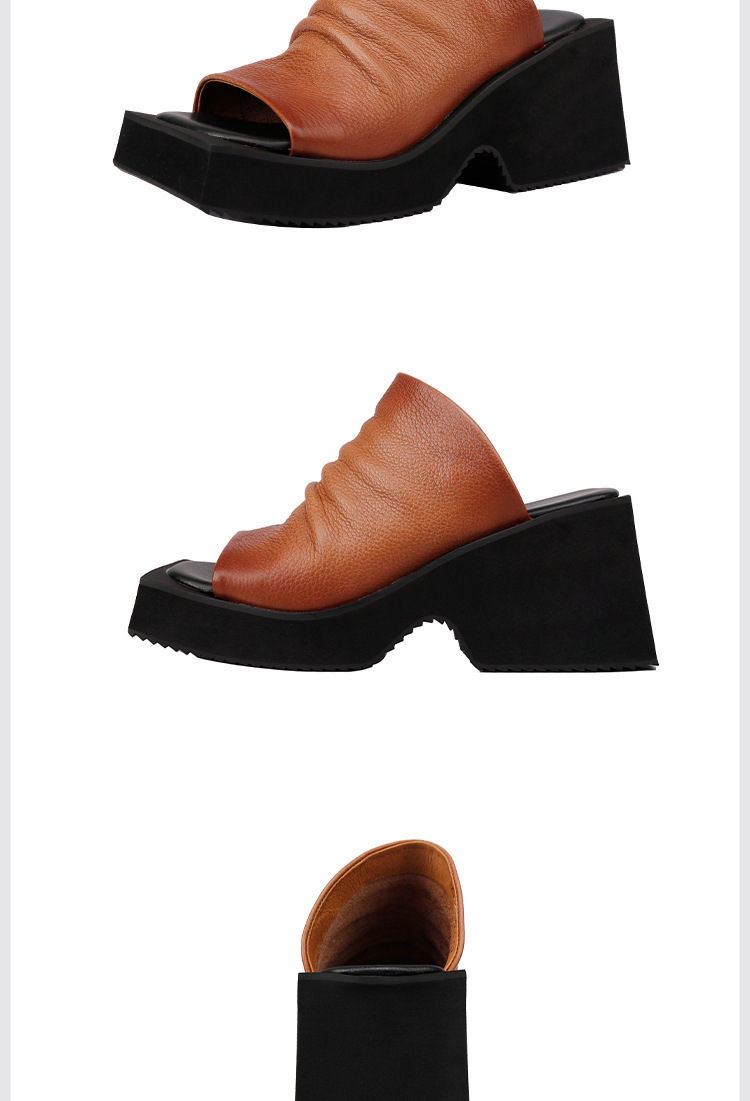 Dép sandal nữ quai ngang da bò thật mũi vuông đế EVA êm chân phong cách retro — màu đen, Màu nâu