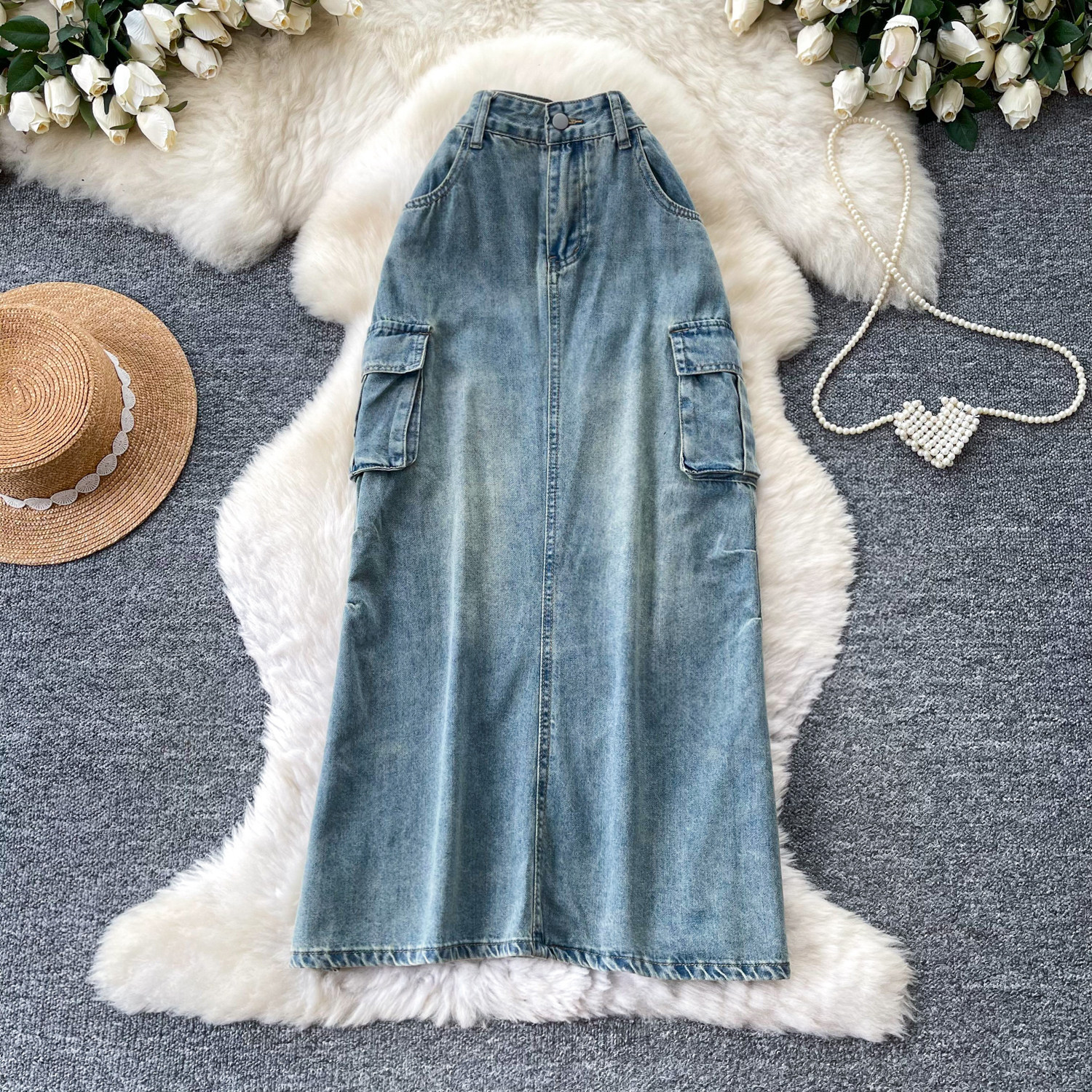 High Waisted Denim A Line Skirt Korean Style Utility Pockets Slim Fit Spring Fashion Versatile for Work Wholesale