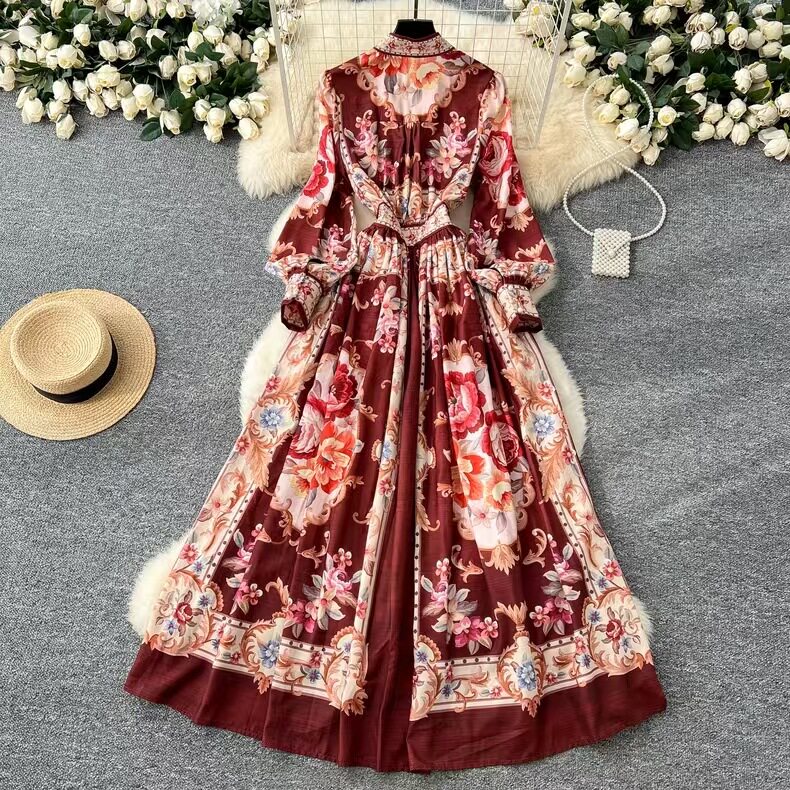 Elegant Vintage V Neck Long Sleeve Button Up Dress Waist Defining Floral Print Pleated Design Perfect for Parties and