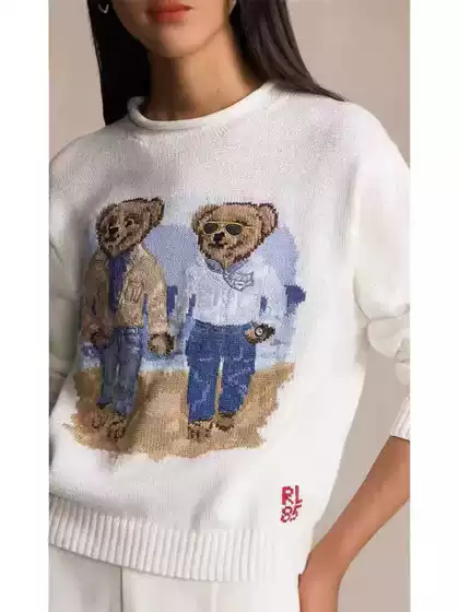 Rl Early Autumn New Bear Embroidered Round Neck Long-Sleeved Knitwear Women's Knitwear Cartoon Pattern Jacquard Versatile Top
