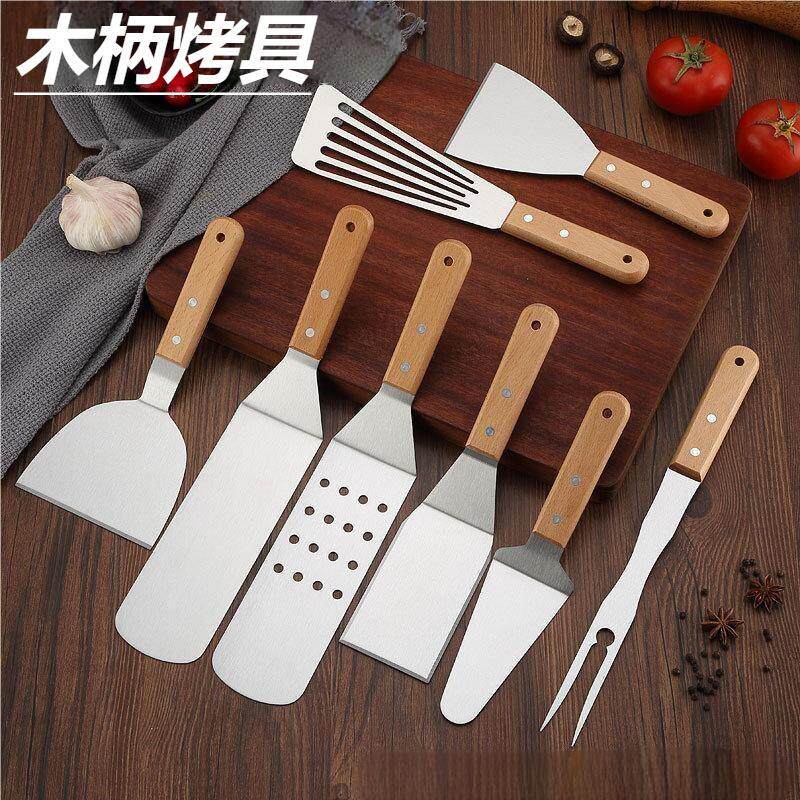 Amazon Wooden Handle Stainless Steel Outdoor Barbecue Tools Bbq Household Barbecue Teppanyaki Shovel Cooking Shovel Food Shovel