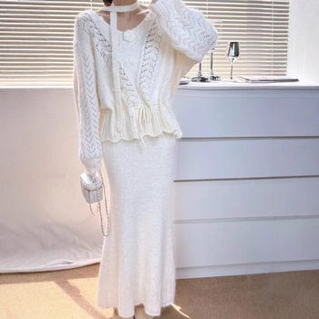 Gentle Style Waist-Cinching Knitted Sweater Suit for Women in Autum 2025 New Style Lazy Slimming Look Skirt Two-Piece Set