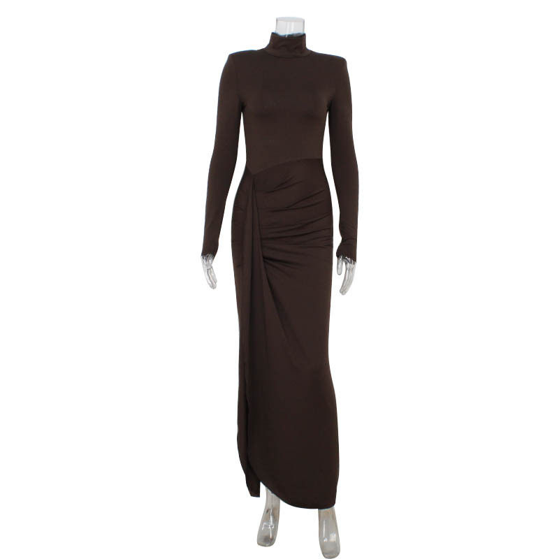 High Neck Long Sleeve Color Block Dress Slim Fit Waist Tie Elegant Style Autumn Winter Fashion for Women Wholesale