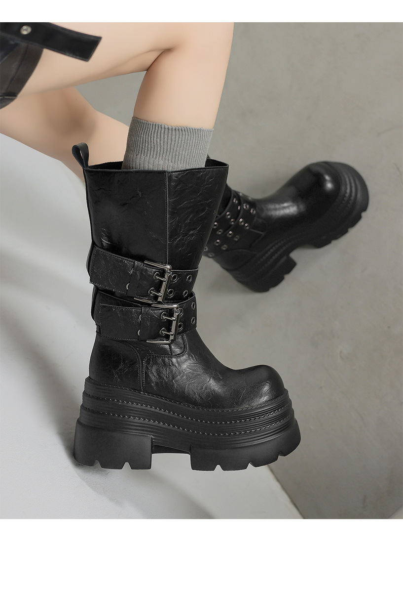 Boot nữ cổ trung đế xuồng cao 10cm khóa thắt lưng da bò — Lớp lót nhung đen, Màu đen một lớp