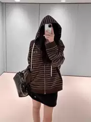 High-Quality Celebrity Style mm Letter Embroidery Melard Coffee Color Stripesd Hooded Zipper Sweatshirt Jacket for Men and Women