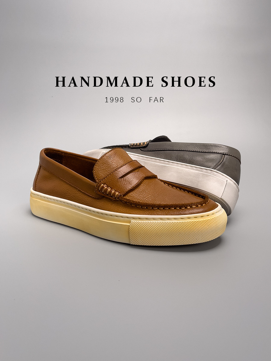 Giày loafer nam da bò thật thủ công kiểu cổ điển — Aima Orange (đánh bóng bằng tay để làm cũ), Màu đen, Chờ sương và mưa (đánh bóng bằng tay), Màu cam