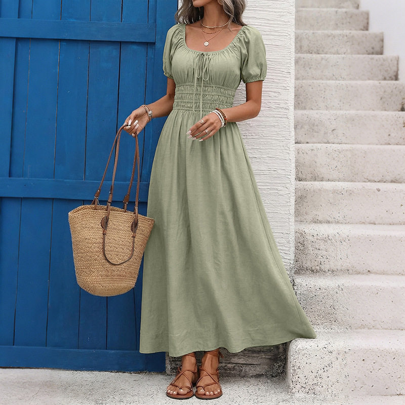 French Vintage Style Square Neck Short Sleeve Dress Solid Color Waist Defined Summer Fashion Wholesale Available