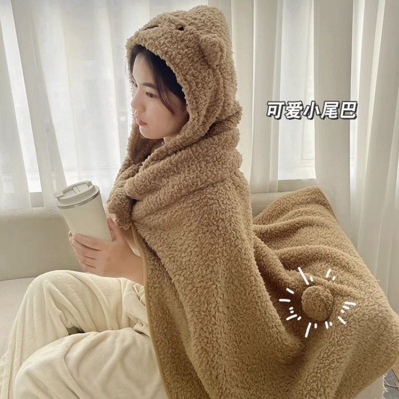 Cartoon Bear Autumn and Winter Thickened Warm Blanket Shawl with Hood for Students' Lunch Break Nap Blanket Cloak-Style Plush