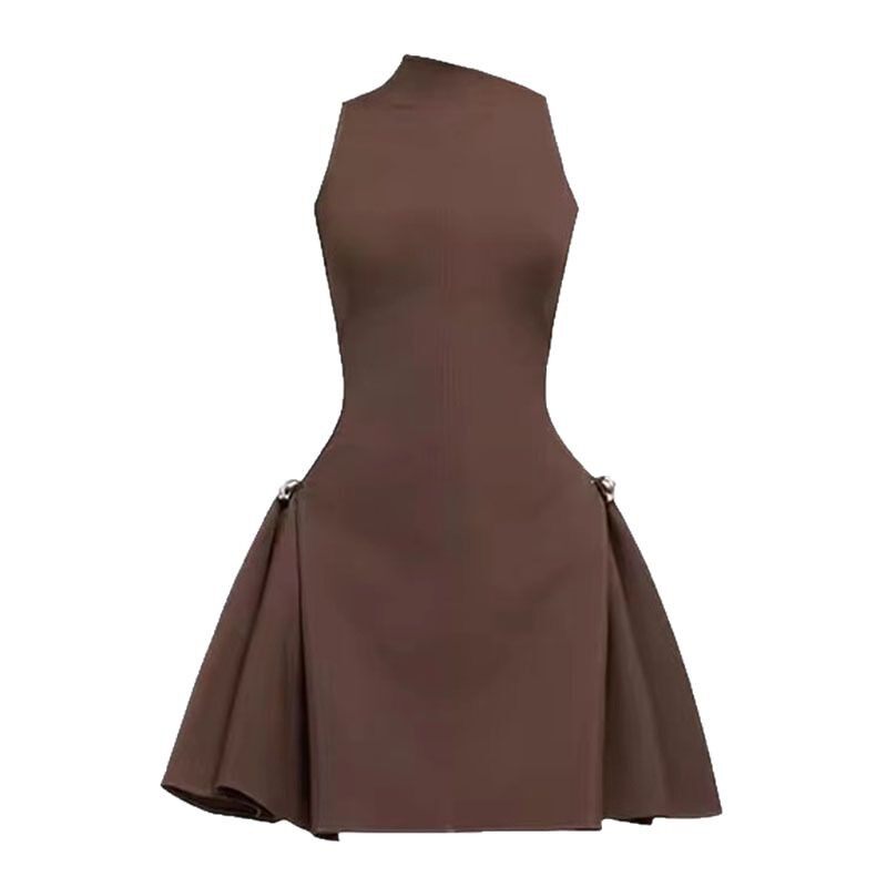 Váy mini chữ A nữ không tay cổ tròn cạp cao dáng suông — Đen, Nâu đen, Đỏ chi tiết 12
