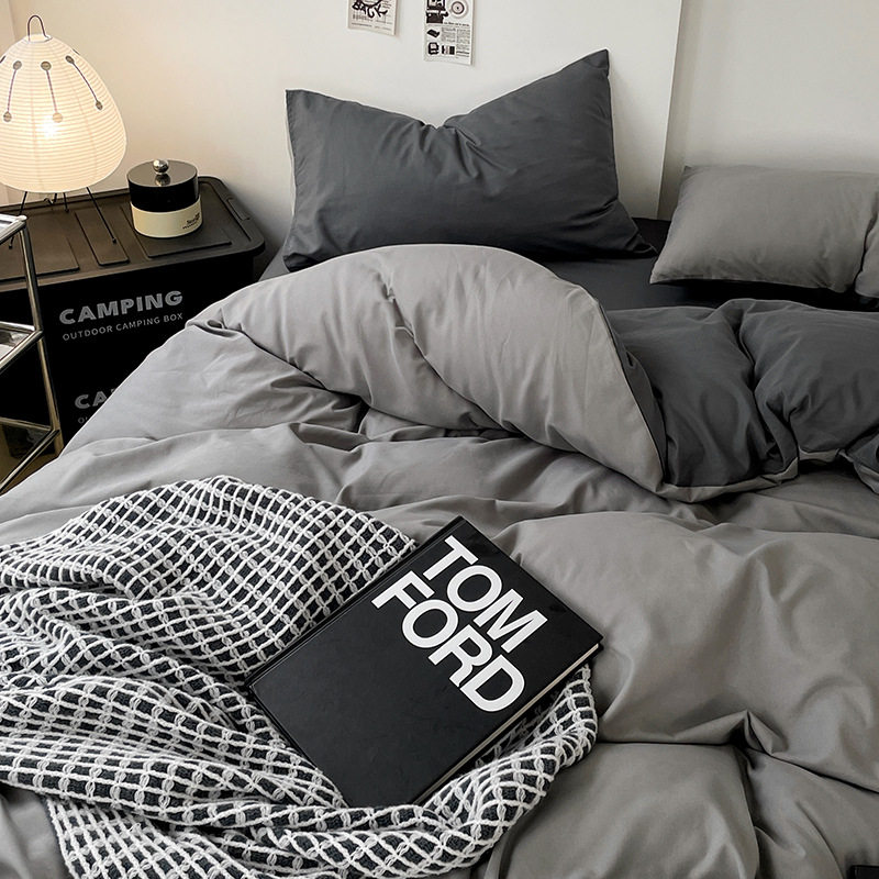 New Ins Color-matching Solid Color Washed Cotton Four-piece Set Three-piece Set Student Dormitory Quilt Set Bed Cover Bed Cover Sheet