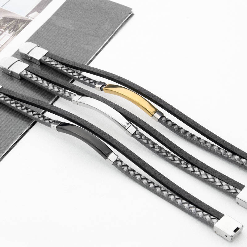European and American Cross-border PU Leather Woven Distinctive Men's Engraving Bracelet Fashion All-match Titanium Steel Bend Brand Men's Hip-hop Bracelet