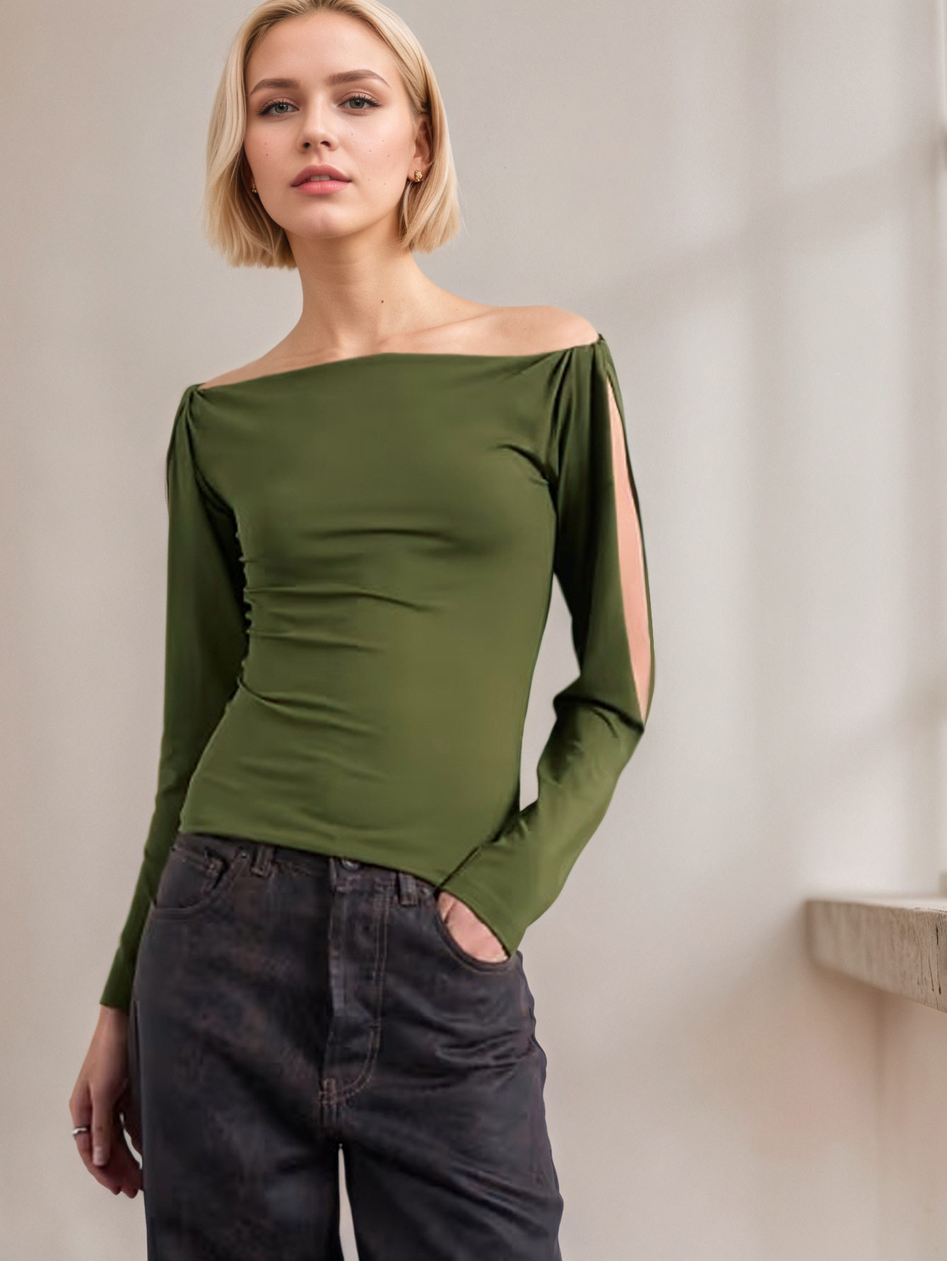 Off Shoulder Knit Top Long Sleeve Hollow Out Twist Cuff Design Casual Wear for Women Wholesale Available