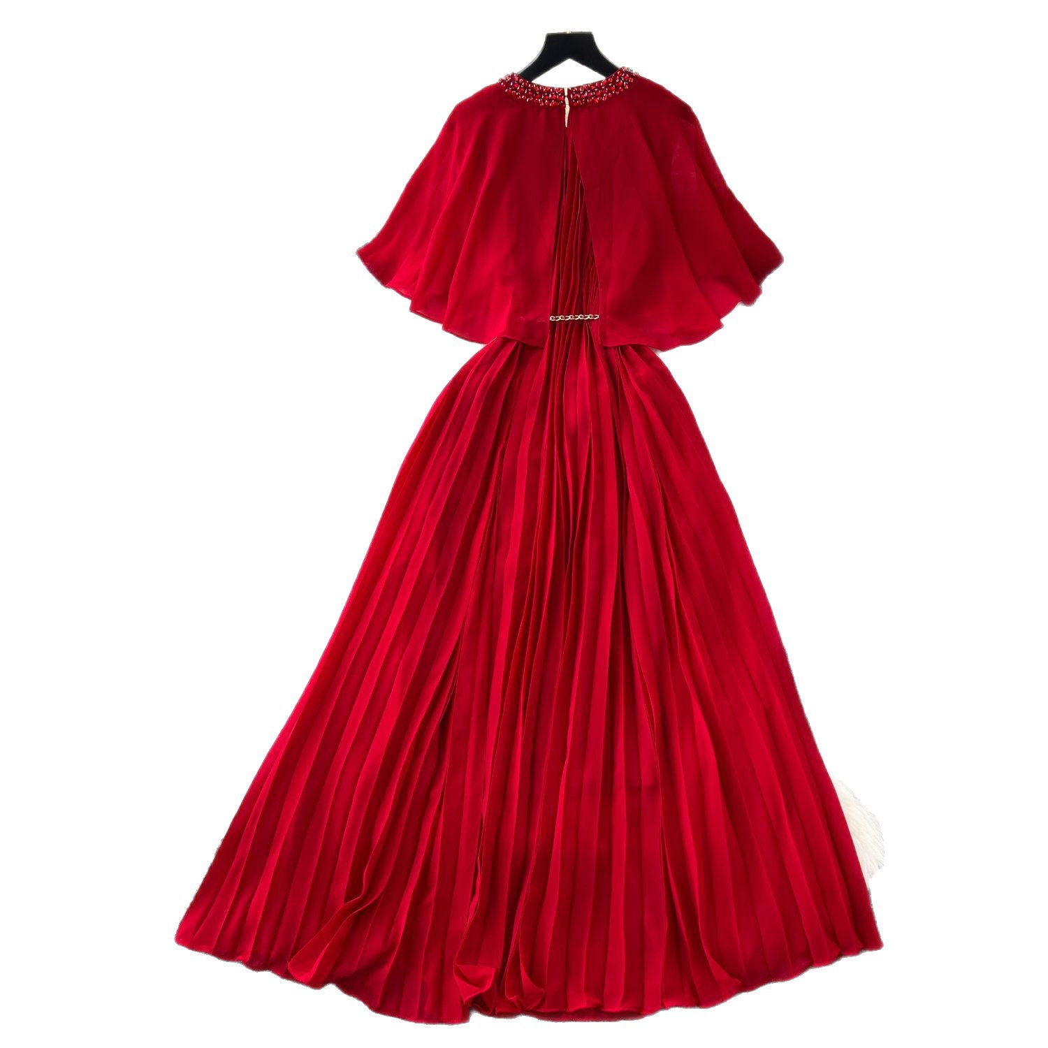 French Style Elegant Chiffon Dress Embellished Round Neck Waist Tie Pleated Design Perfect for Parties and Special