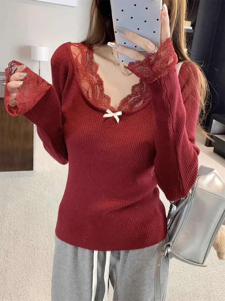 Lace Panel V Neck Long Sleeve Top for Women Soft Warm Fabric Autumn Casual Wear fast shipping
