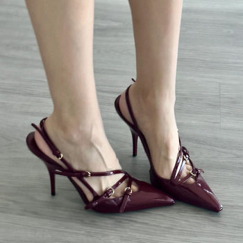 2024 New Style Baotou Patent Leather One-Line Buckle Cat Heel Sandals Feminine Black Silk Pointed Toe Stiletto High Heels