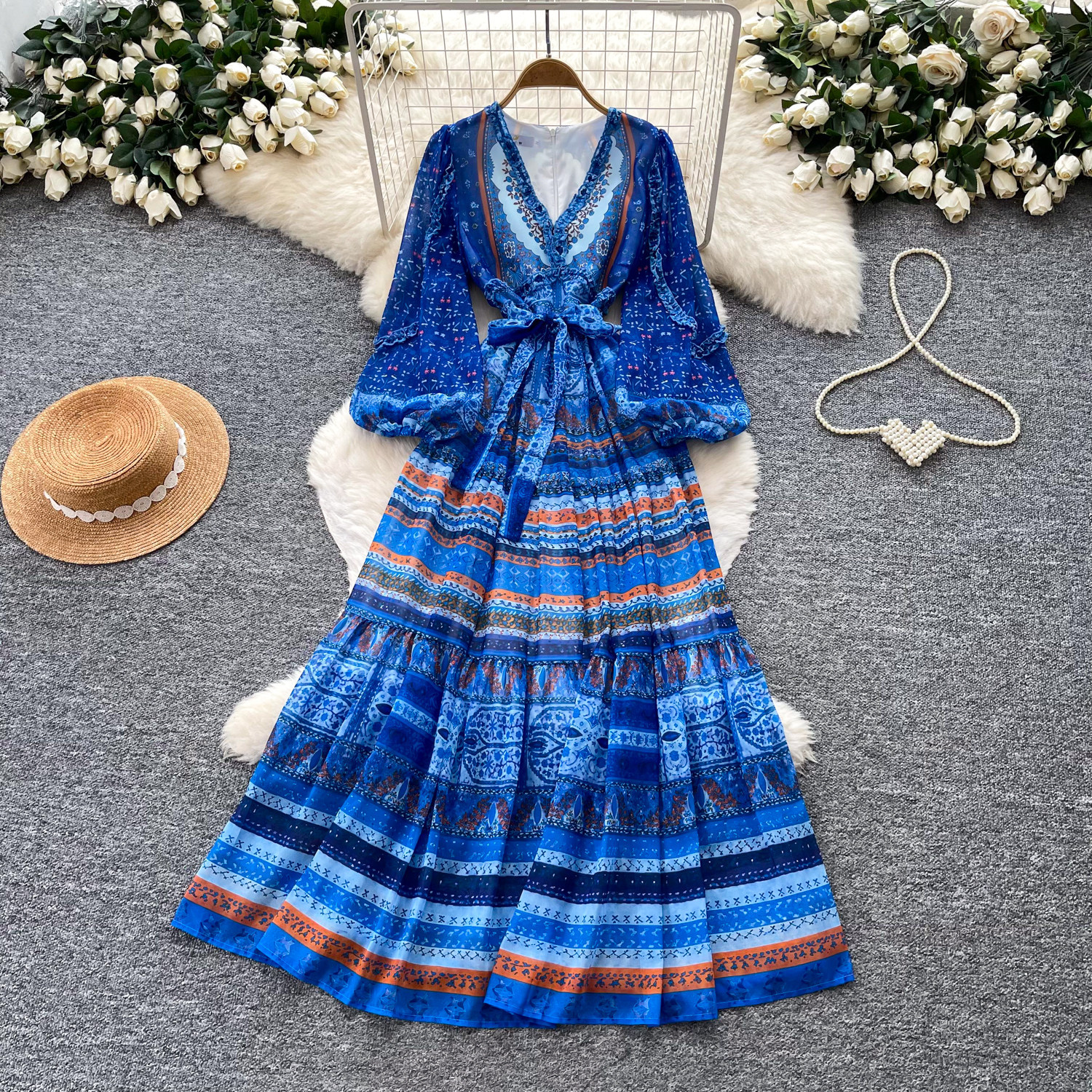 Bohemian Floral Maxi Dress for Women V Neck Long Sleeve Waist Tie A Line Silhouette Elegant Vacation Style