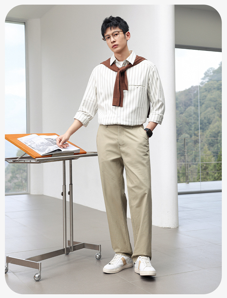 Quần dài nam ống đứng co giãn, lưng vừa, vải cotton Lyocell thoáng mát — màu đen, Màu trắng, màu xám, Màu kaki