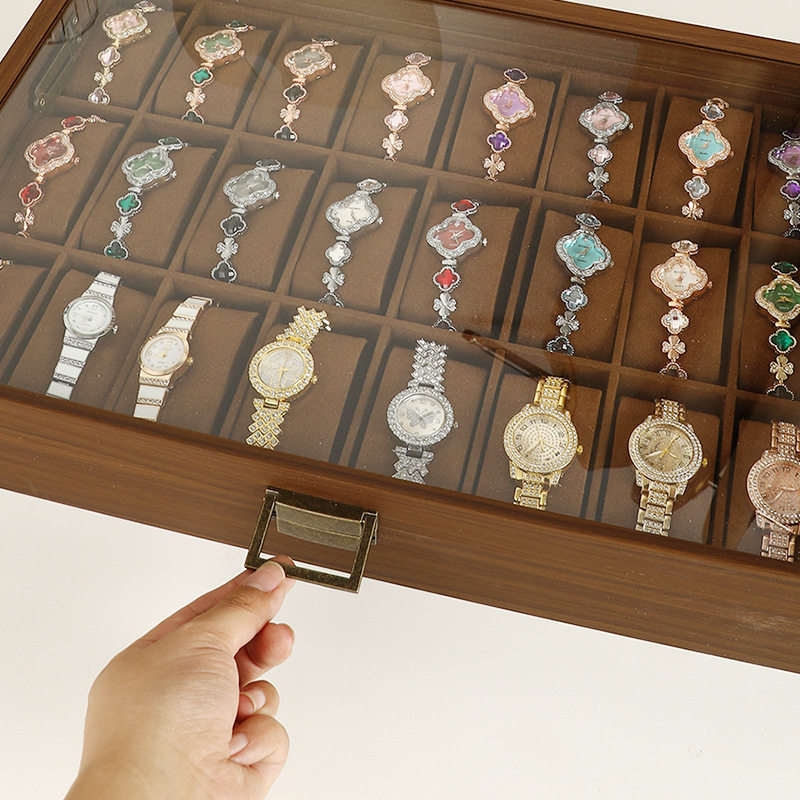 Walnut Wood Grain Wooden Watch Box Large Capacity 24-Bit Watch Storage Display Box Collection Box Skylight Watch Box Retro