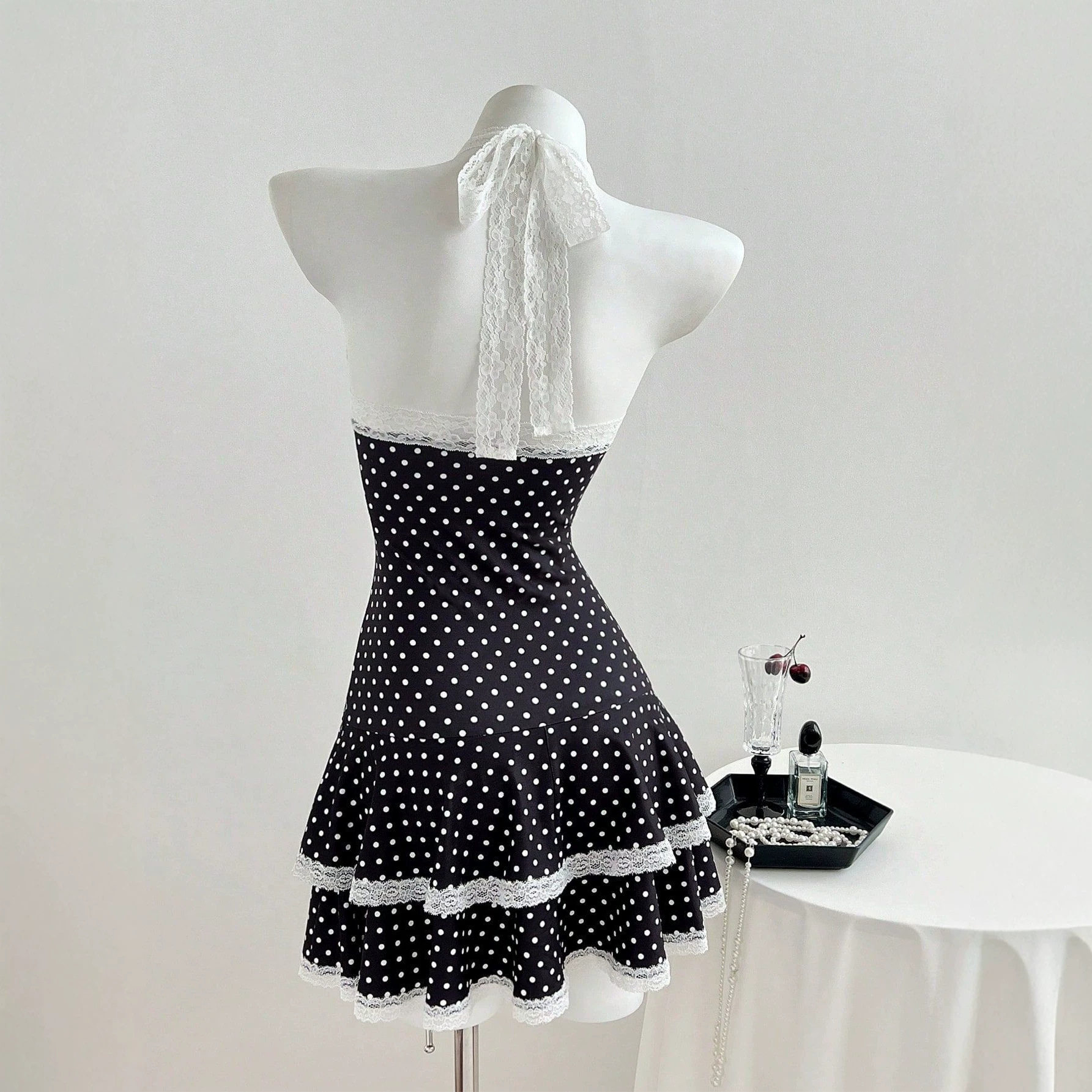 Lace Trim Polka Dot A Line Dress Adjustable Spaghetti Straps Waist Cinching Elegant Style Perfect for Summer Events