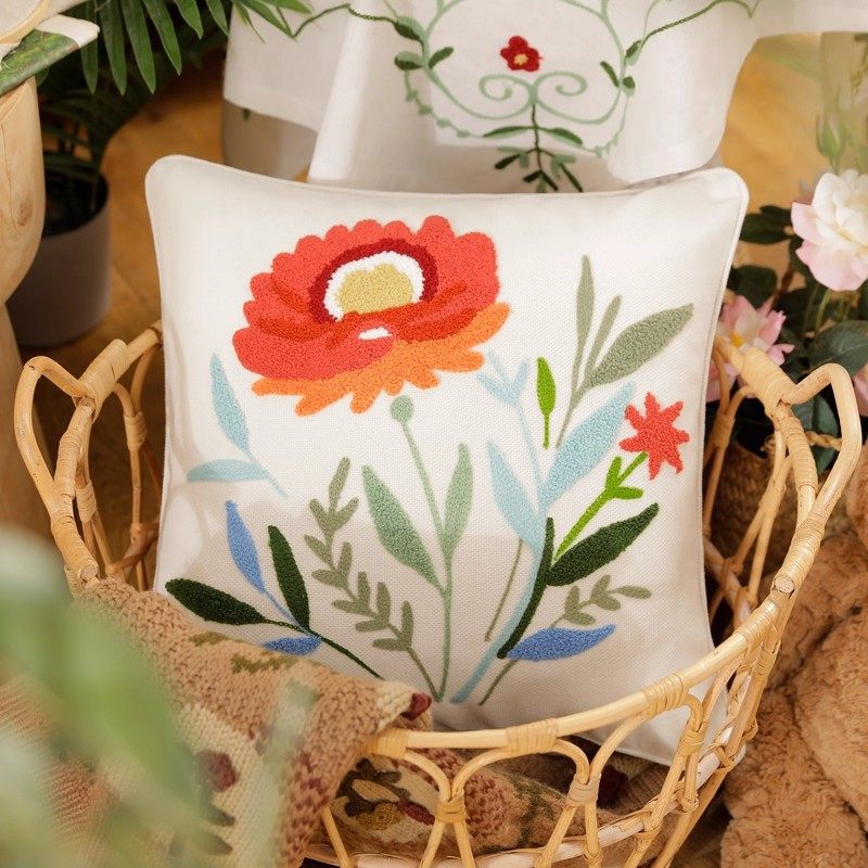 Pastoral Embroidered Fabric Pillow Cover Sofa Cushion Lu Embroidery Office Lumbar Pillow American Country Style Cushion Cushion Cover