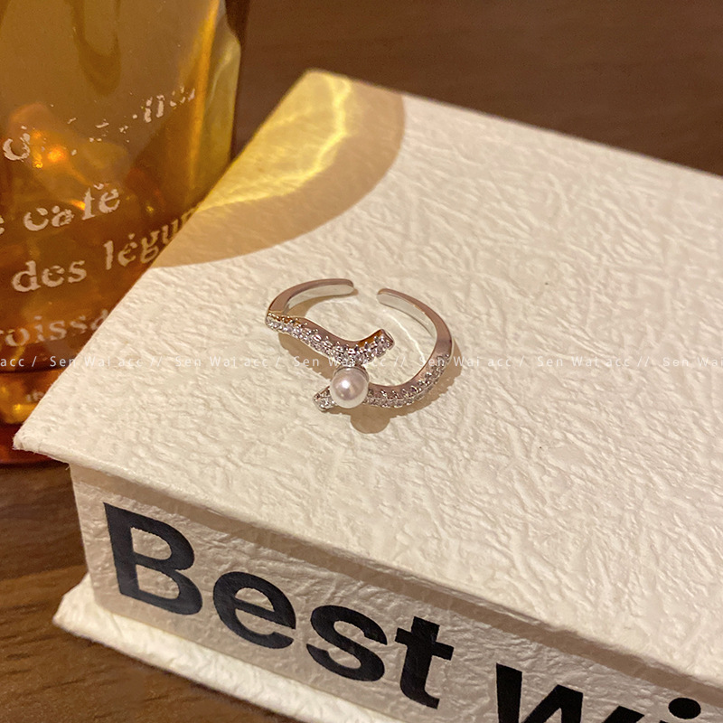 韩国轻奢高级感锆石珍珠戒指女复古小众设计蝴蝶结指环戒开口手饰