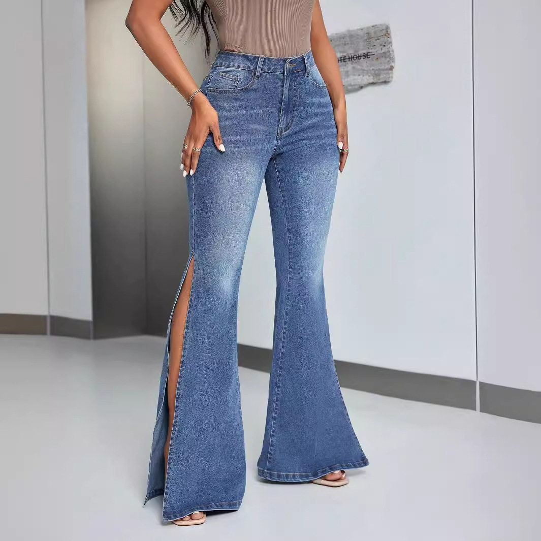 High Waisted Flared Jeans Slim Fit Split Hem Stretch Denim Casual Wear for Women Wholesale Available