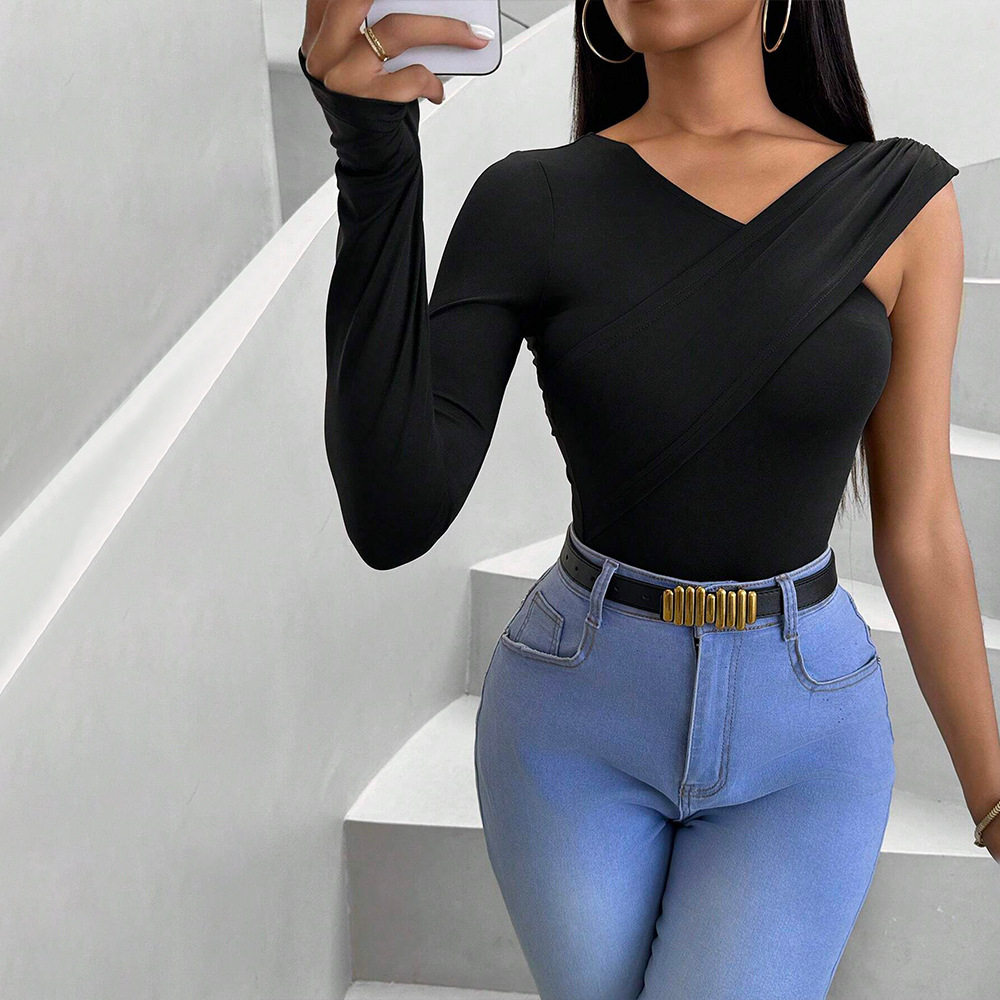 Womens V Neck Long Sleeve T Shirt Slim Fit Asymmetrical Design Lightweight Fabric Spring Summer Casual Wear