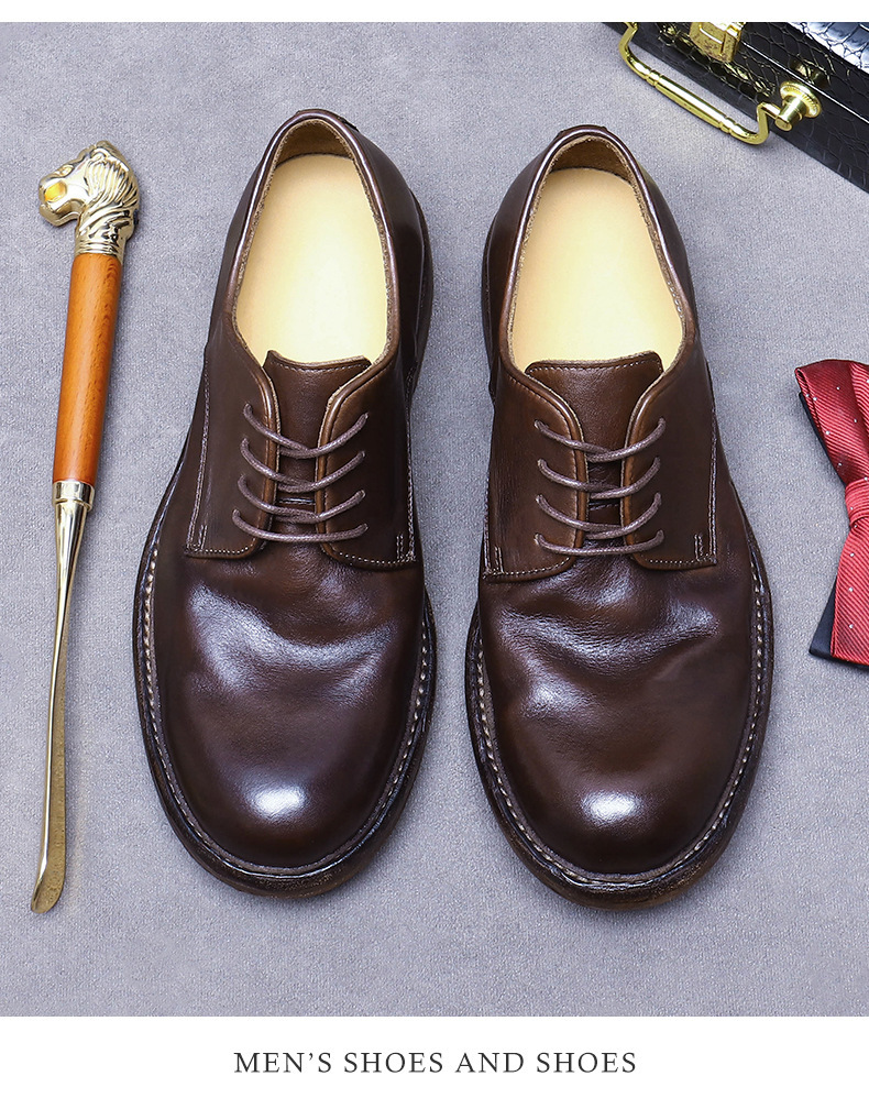 Giày Derby nam da bò thật đế da khâu Goodyear mũi tròn — Màu nâu