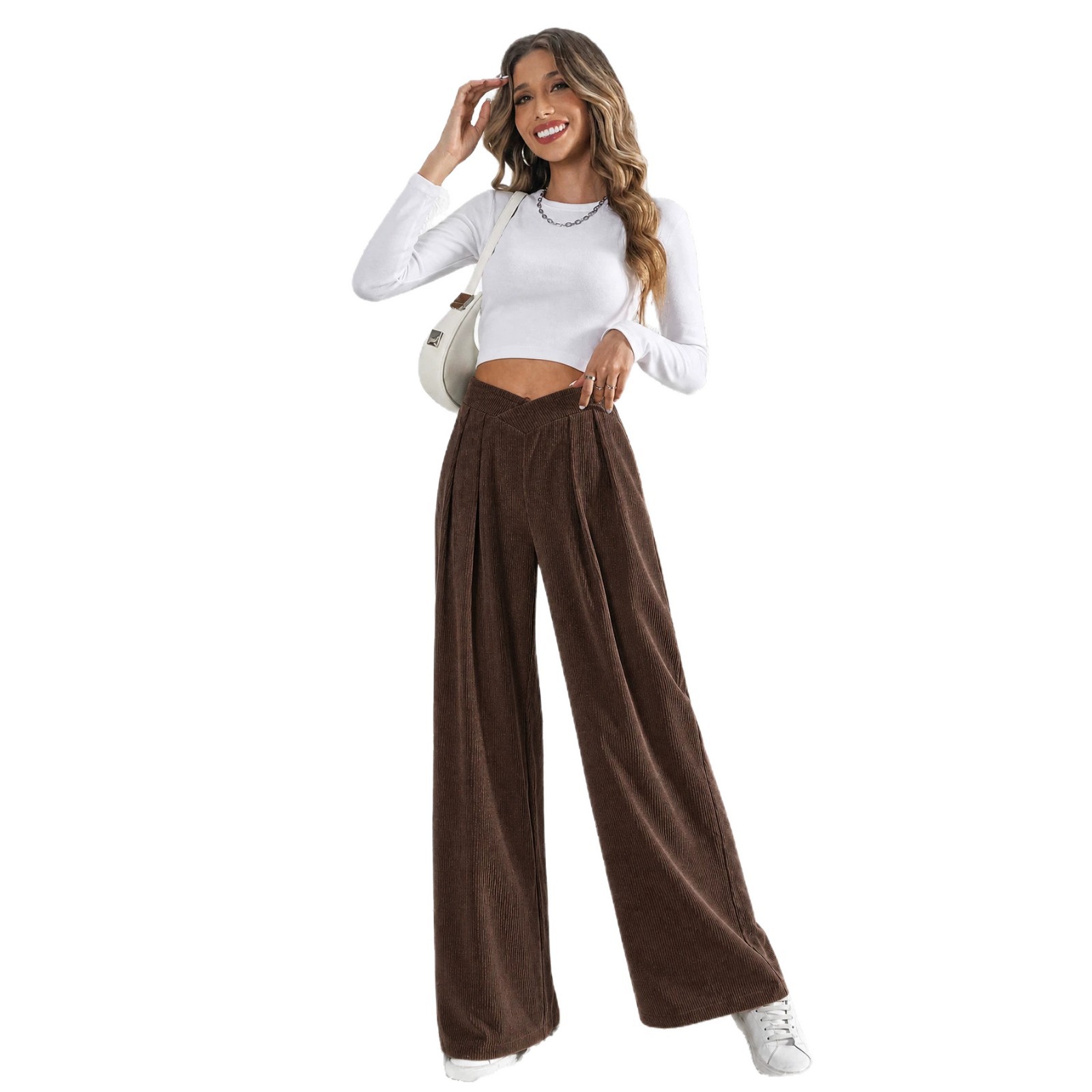 Vintage Brown Wide Leg Trousers for Women V Waist Pleated Design Relaxed Fit Autumn Winter Casual Wear Wholesale