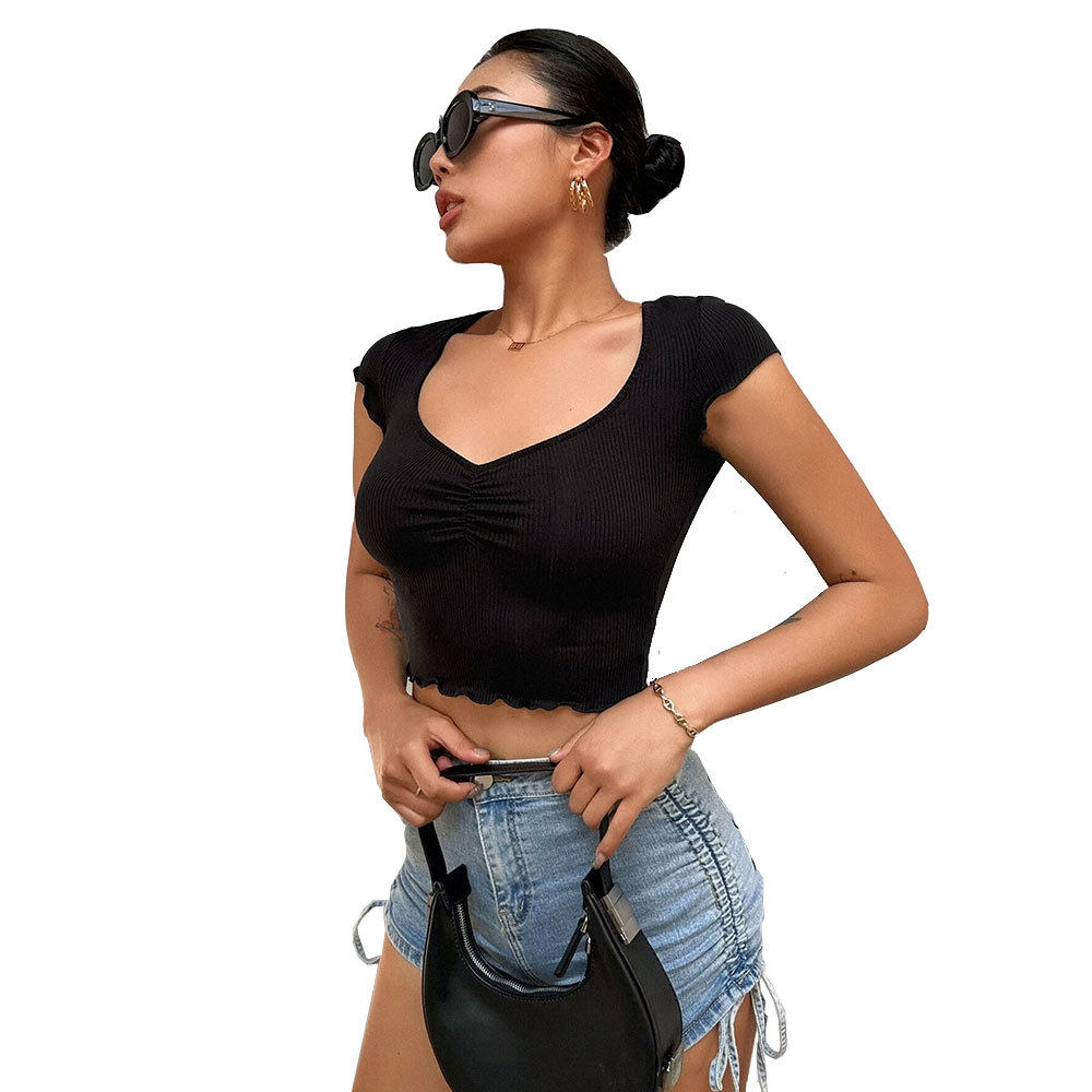 V Neck Ruched Slim Fit T Shirt Stretchy Cropped Solid Color Short Sleeve Summer Casual Wear Wholesale Available