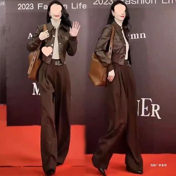 Women's New Suit, Fashionable, Slim and Slim, Black Leather Jacket, High-Waisted Wide-Leg Pants, Spring and Autumn Two-Piece Set