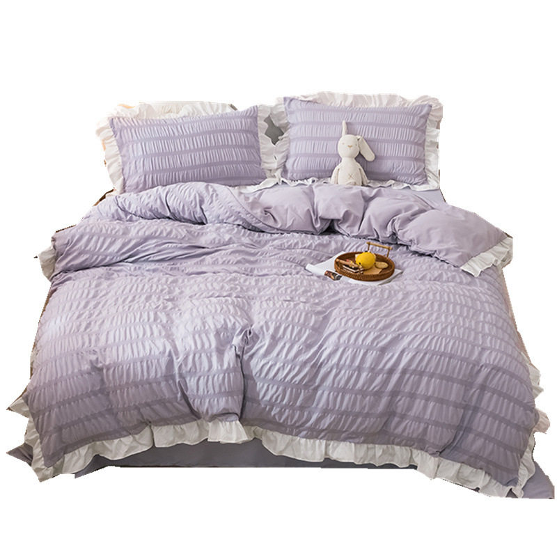 Spring and Summer Korean Princess Style Four-piece Set White Seersucker Lace Bed Sheet Quilt Cover Washed Cotton Bed Skirt Solid Color Three-piece Set